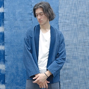 Dark Indigo Kimono Adult Unisex Jacket - Patchwork - Vintage style Dark Blue Coat - Hand woven Fabric - Tie dyed Shibori dyed fashion cloth