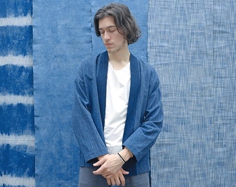 Dark Indigo Kimono Adult Unisex Jacket - Patchwork - Vintage style Dark Blue Coat - Hand woven Fabric - Tie dyed Shibori dyed fashion cloth