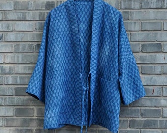 Indigo blue Oversized Kimono jacket / Japanese jacket Unisex Coat / Vintage style jacket / Natural hand dyed / Plant dyes fabric / Gift Idea