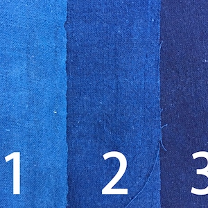 Può includere: Tre campioni di tessuto blu, etichettati con i numeri 1, 2 e 3, che mostrano diverse tonalità di blu.