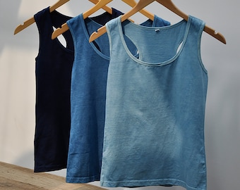 Indigo blue Cotton Women Tank top - Shibori Tie dye natural color Top - Stretch sweat vest - Summer beach Tank top - Hand dyed/ plant dyes