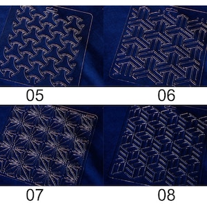 May include: Four different geometric patterns are shown on a dark blue background. The patterns are outlined in white and are arranged in a grid of two rows and two columns. The numbers 05, 06, 07, and 08 are printed below each pattern.