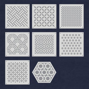 Kit de 8 plantillas de plástico para Sashiko - Plantillas de puntadas para acolchado Sashiko - Patrón de línea de bordado Sashiko para patchwork - 4,7 x 4,7 pulgadas