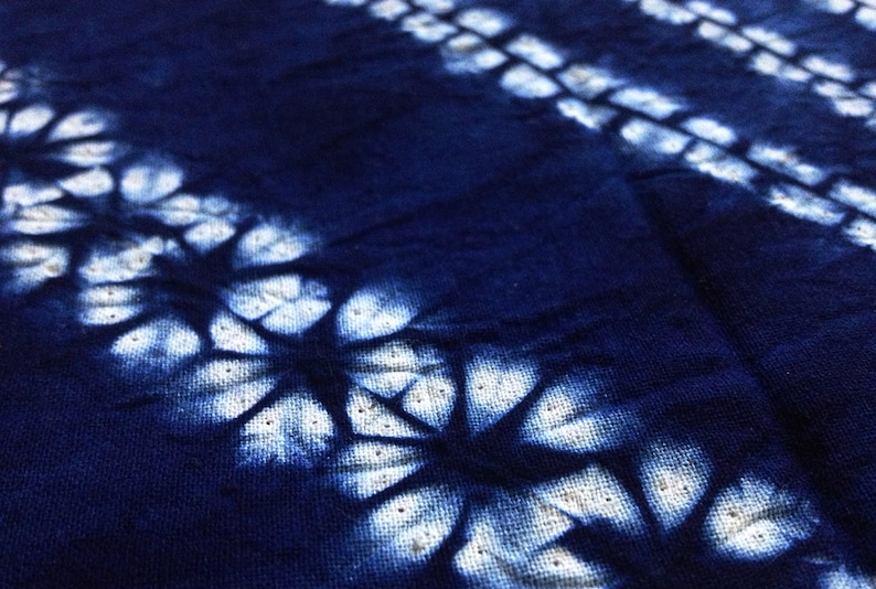 Shibori Indigo Tie dye Cotton Fabric Vintage Blue Flowers Table cloth Oblique Pattern Natural hand dyed/ Plant dyes image 3