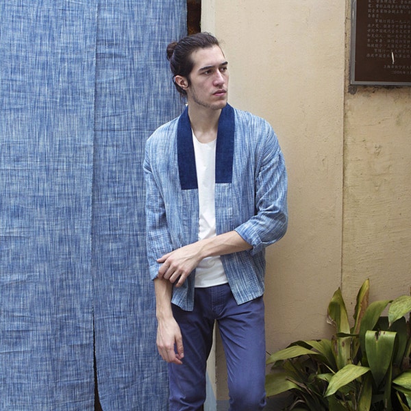 Veste/vêtement unisexe kimono indigo adulte-manteaux bleus vintage-tissu tissé à la main-teinte tie-dye/teinture shibori-teinte naturelle à la main/teintures végétales