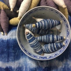 May include: A white ceramic bowl with a blue and white pattern contains several spools of blue and white striped thread. The bowl is resting on a blue and white fabric background.
