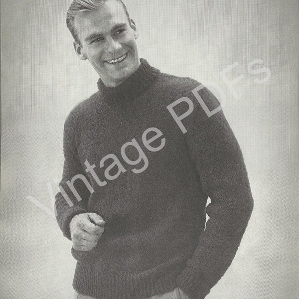 SINGLE PATTERN PDF Style 4385-78 Bernat The Shaggy Mohair Look in Men's Sweaters, vintage pattern turtleneck pullover