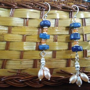 Lapis Lazuli Earrings , Silver Earrings , Freshwater Pearl Earrings , Carnelian Gemstone Earrings