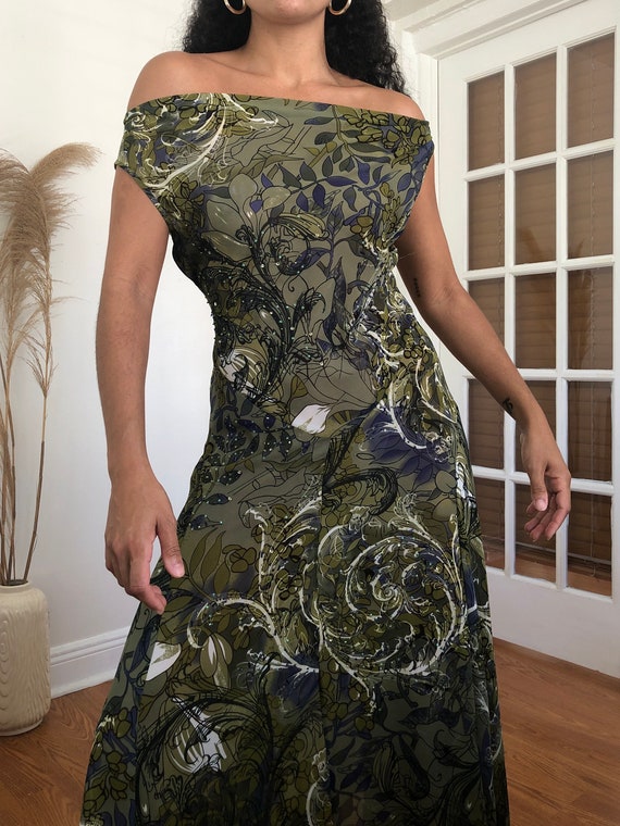 vintage "floral camo" beaded silk slip dress, M to