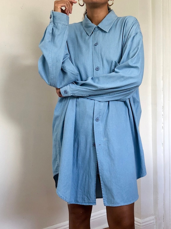 vintage oversized light denim shirt dress, M to XL