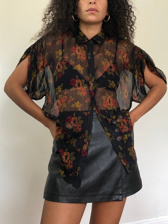vintage crinkled sheer floral blouse, M to L