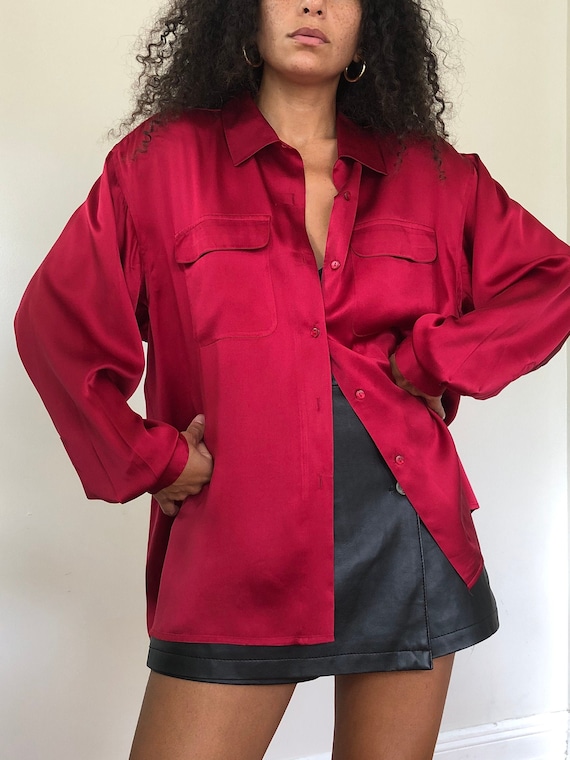 vintage deep red silk blouse, L to XL