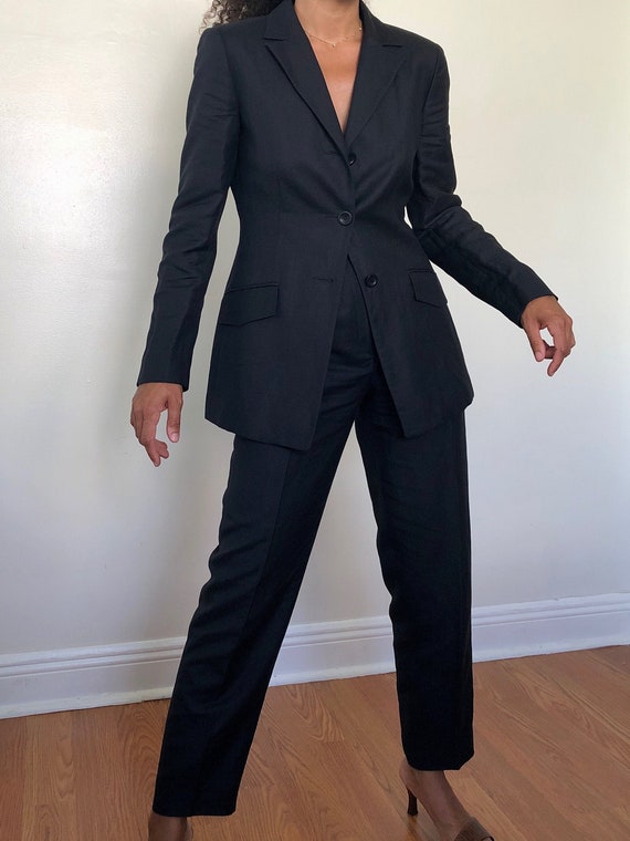 vintage midnight navy linen pant suit, XS to S