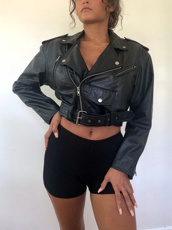 vintage cropped leather motorcycle jacket, M