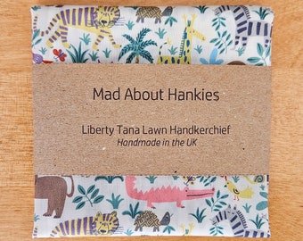 Liberty Handkerchief, Louie’s Jungle Elephants, Giraffes, Tigers, Hankie, 11"/28cm