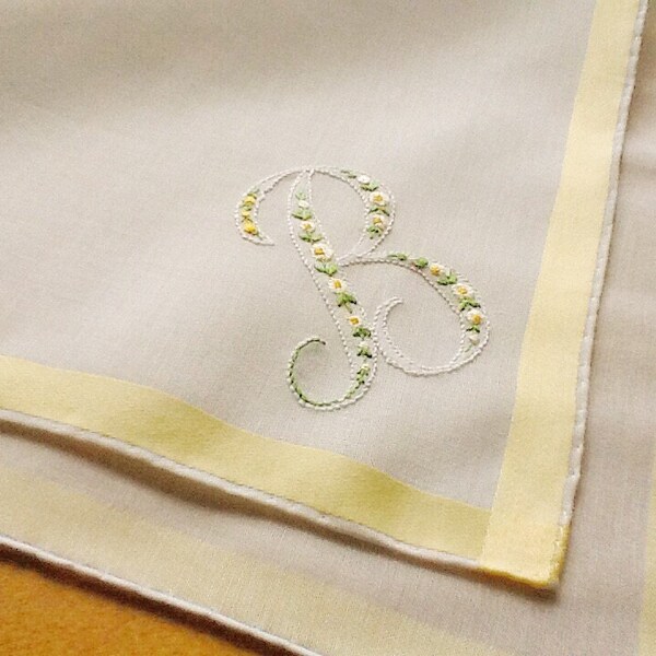 Ladies Handkerchief, Monogrammed Handkerchief, initial B, Yellow Hankie, Madeira, Embroidered Hankie, Unused