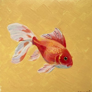 Goldfish on Yellow- original acrylic painting on 8x8 wood panel. Vibrant orange and white fish on chunky yellow