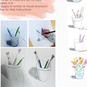 Op de afbeelding: Digitale download van stilleven kunstlessen voor groep K-8. Bevat 4 lessen, verschillende vaardigheidsniveaus en stapsgewijze instructies. De afbeelding toont potloodtekeningen van potloden en penselen in bekers en bloemen in een vaas.