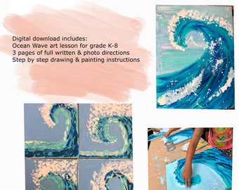 OCEAN WAVE Painting Art Lesson by Art Teacher in LA- Art lesson plans- elementary art- homeschool activities