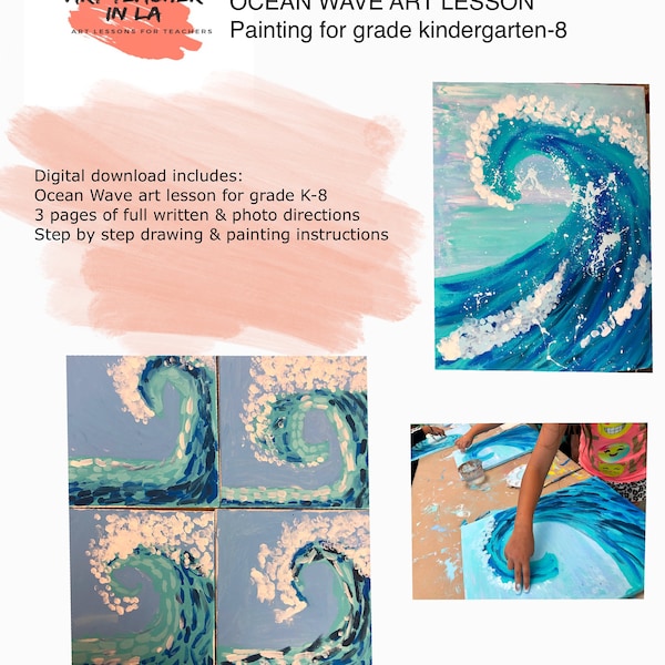 OCEAN WAVE Painting Art Lesson by Art Teacher in LA- Art lesson plans- elementary art- homeschool activities