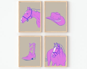 Cowgirl Print set - pinks and grey wall art decor. Horse, cowgirl hat, cowgirl boot, Western Kids room decor. Printable Instant Download