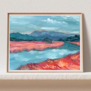 Marin County Wetlands Vintage California Art, malarstwo krajobrazowe Kalifornii, sztuka nadmorska, wydruk na papierze Wall Art. Oryginalny wydruk obrazu olejnego