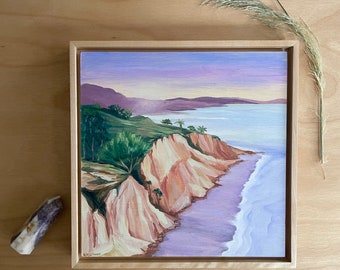 Cliffs- Santa Barbara Seascape painting- original acrylic painting on 10x10 wood panel. Southern California beach painted on wood.