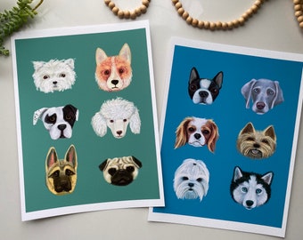 Puppy Print Set- 2 Giclee Prints on green and blue backgrounds wall art decor. Kids room, dog lovers