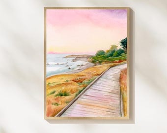 Cambria California, Vintage beach Art, California landscape painting, coastal art, Watercolor Art Paper Print, plein air wall art