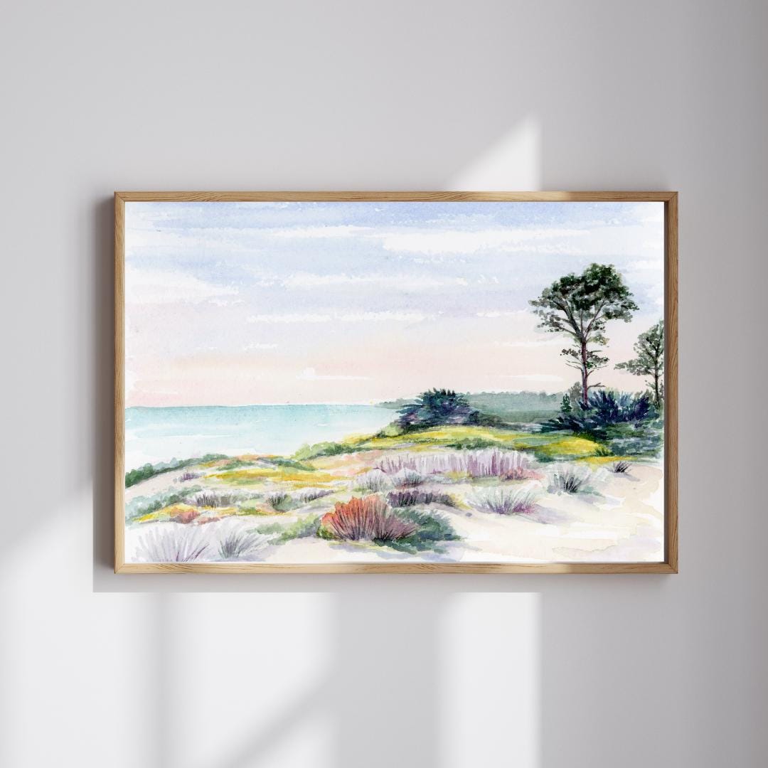 Carmel Dunes, Vintage California Beach Art, California landscape painting, coastal art, Watercolor Art Paper Print, wall art