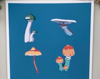 Magic Mushrooms Giclee Print on watercolor matt paper. Vibrant blue background wall art decor. 10x10 print