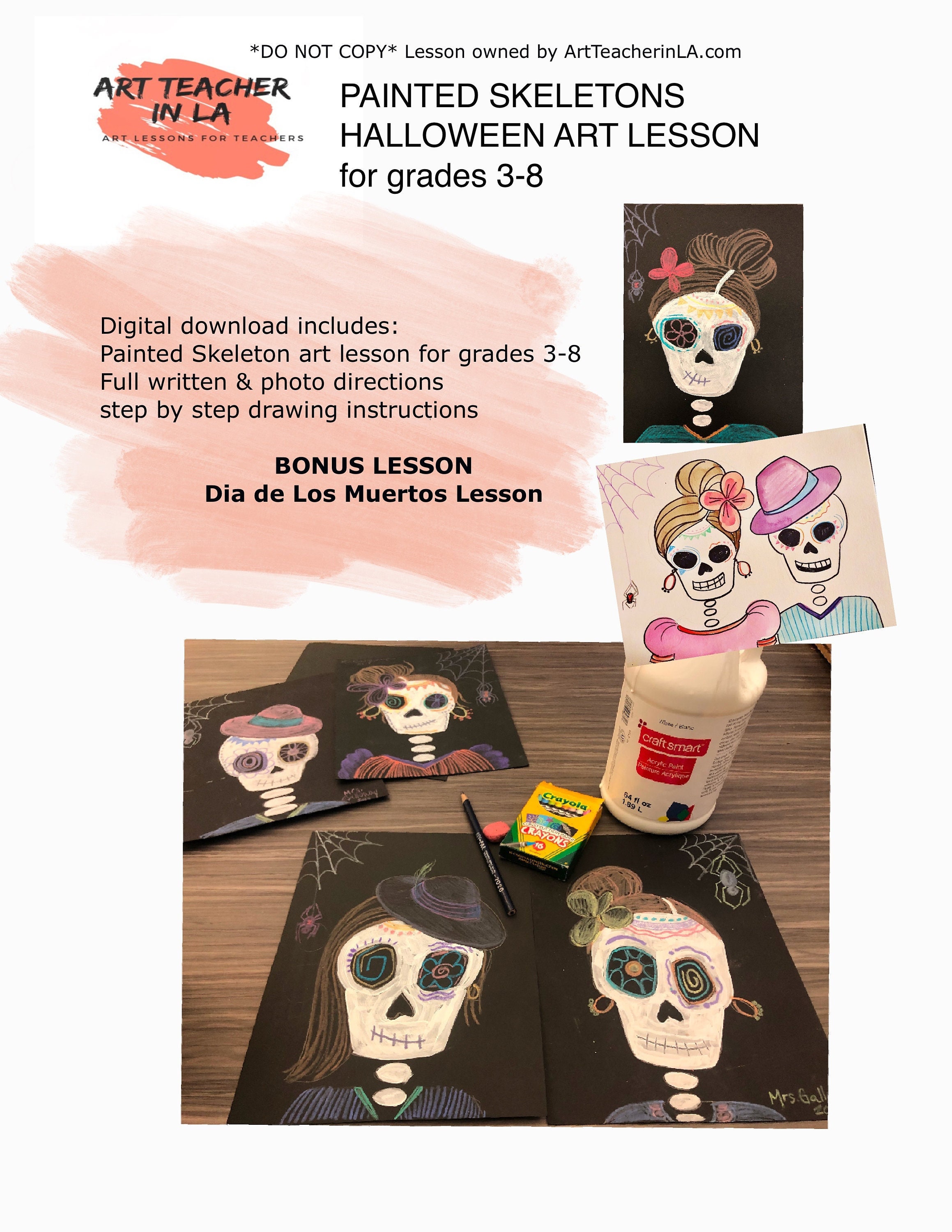 Painted Skeletons Art Lesson- with bonus Dia de los Muertos lesson by Art Teacher in LA- Art lesson- elementary art- homeschool activities