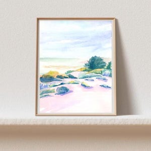 Carmel Beach Shores, Vintage California Art, California landscape painting, coastal art, Watercolor Art Paper Print