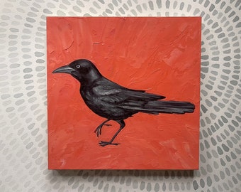 Grackle 2- original oil painting on 10x10 wood panel. Black & white bird, Animal painting, wall decor, crow, raven, bird painting