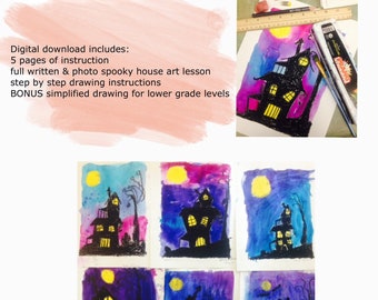 Spooky House Halloween Art Lesson by Art Teacher in LA- Art lesson plans- elementary art- homeschool activities