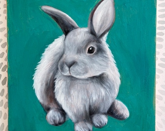 Bunny Painting- original oil painting on 11x14 canvas. Black & white bunny on emerald. Animal painting, Kids room, wall decor