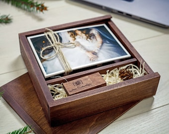 Wooden box for 4x6" photo with USB 3.0 flash drive, personalised wedding gift box for brides, custom memory box for 15x10 cm print