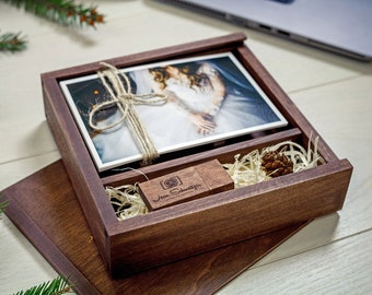 Wooden photo box for 4x6 picture with USB 3.0 flash drive, personalised wedding gift box for brides, custom memory box for 15x10 cm print