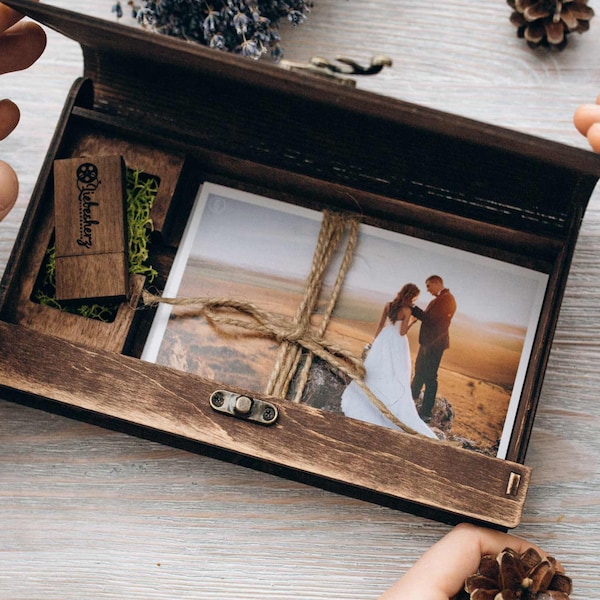 4x6 Wooden Photo Box and USB Flash Drive 3.0 Wedding Photo Box for 15x10 cm Prints, Personalized Gift for Couple, Memory Box for Photo