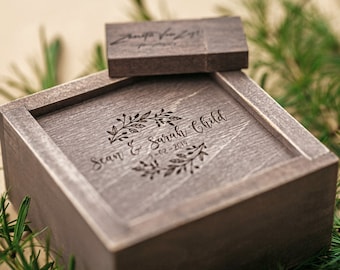 Personalized Wedding USB Box with Wooden Flash Drive 3.0 and Scandinavian Moss