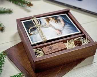 6x8 Wooden Photo Box and USB Flash Drive 3.0, Wedding Photo Box, Engrave Wood Print Box for 15x21 cm Photo Storage