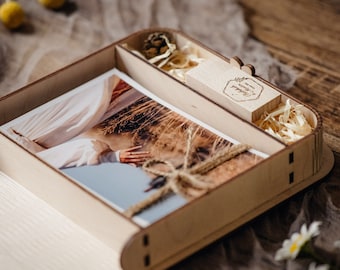 5x7 Photo box and wedding usb drive, Wedding photo box for 13x18 cm prints, Engraved wooden photo box