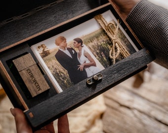 Elegant wooden wedding photo box for 4x6" prints and USB drive - perfect keepsake for your special memories