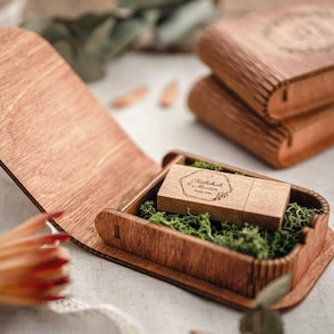 Houten USB-doos met USB 3.0-flashdrive, gepersonaliseerde USB-doos voor bruiloftsklanten