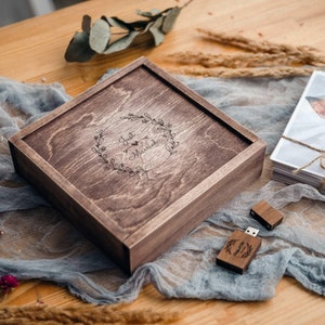 Personalized Wood Photo Box: 6x8 Prints & USB Drive, Wedding Keepsake