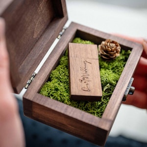 Wedding USB Box with Wooden Flash Drive, Engraved USB Box with Moss