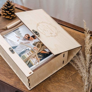 Houten geschenkdoos voor 5 x 7 foto's, gepersonaliseerde fotodoos voor afdrukken van 13 x 18 cm, gegraveerde USB-doos voor bruiloften en herinneringen
