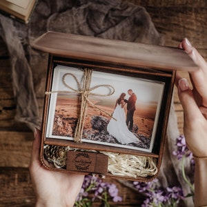 4x6 Wooden Box for Wedding Memories in Vintage Style, Engraved Box for Photo, Rustic Wood Print Box with USB Drive (option)