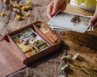 4x6 photo box for wedding photo presentation and USB flash drive, Wooden box for 10x15 cm prints, Personalized wedding gift for couple