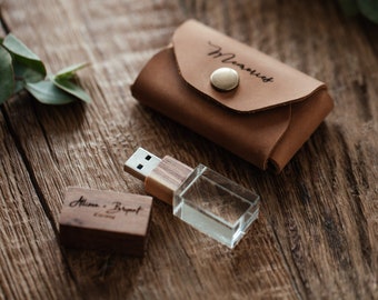 Leather USB Box Envelope & Engraved USB Stick 3.0, Wooden Crystal USB Flash Drive for Wedding Clients, Glass Wedding usb